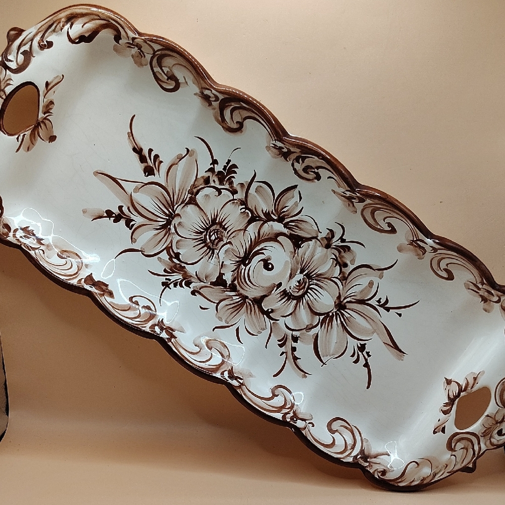 Vintage Hand Painted Brown and White Alcobaça Ceramic Serving Platter